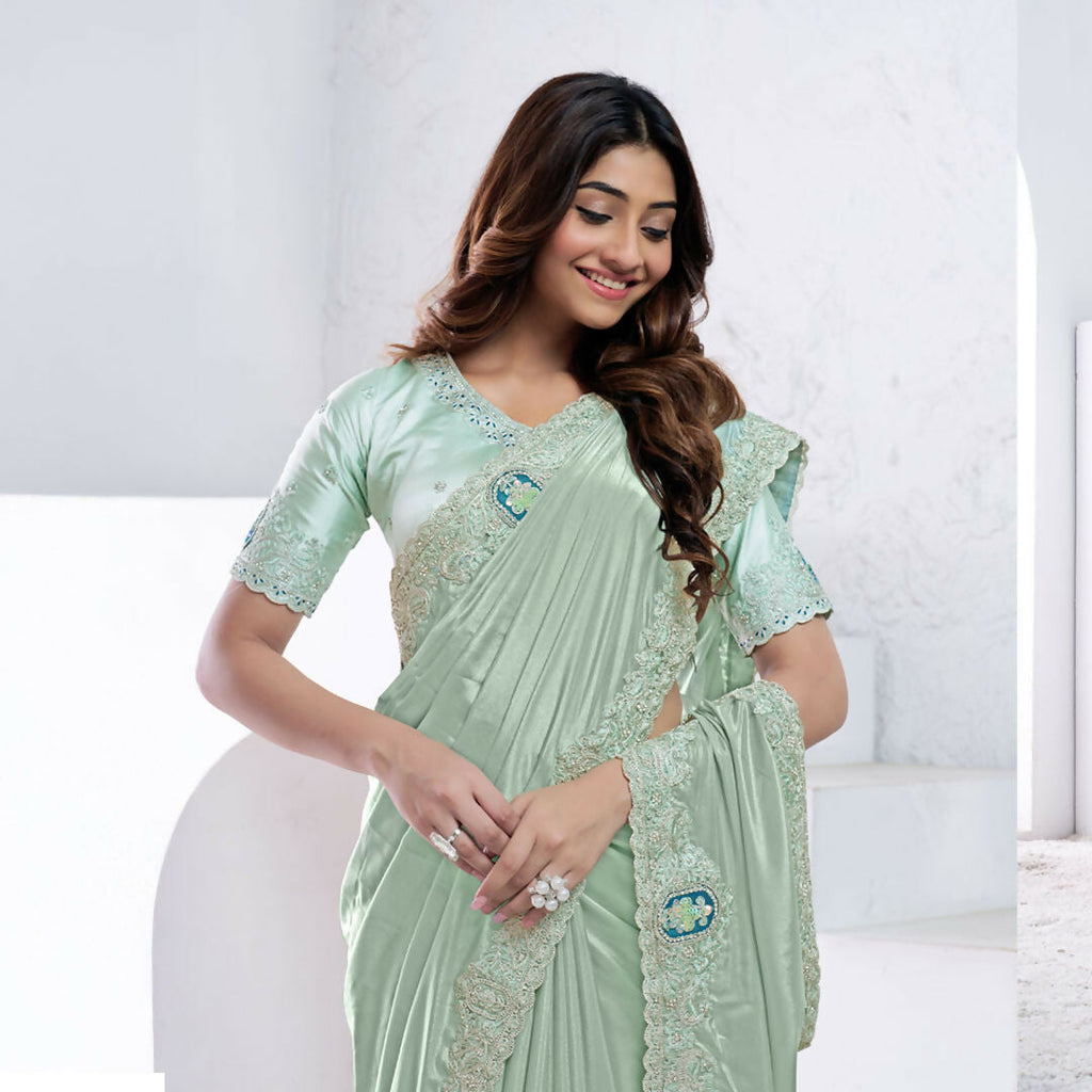 Sea Green Pure Crepe Silk Dual Sequence With Applic Work Saree With Unstitched Blouse - Norita Swaraa | Grocsy