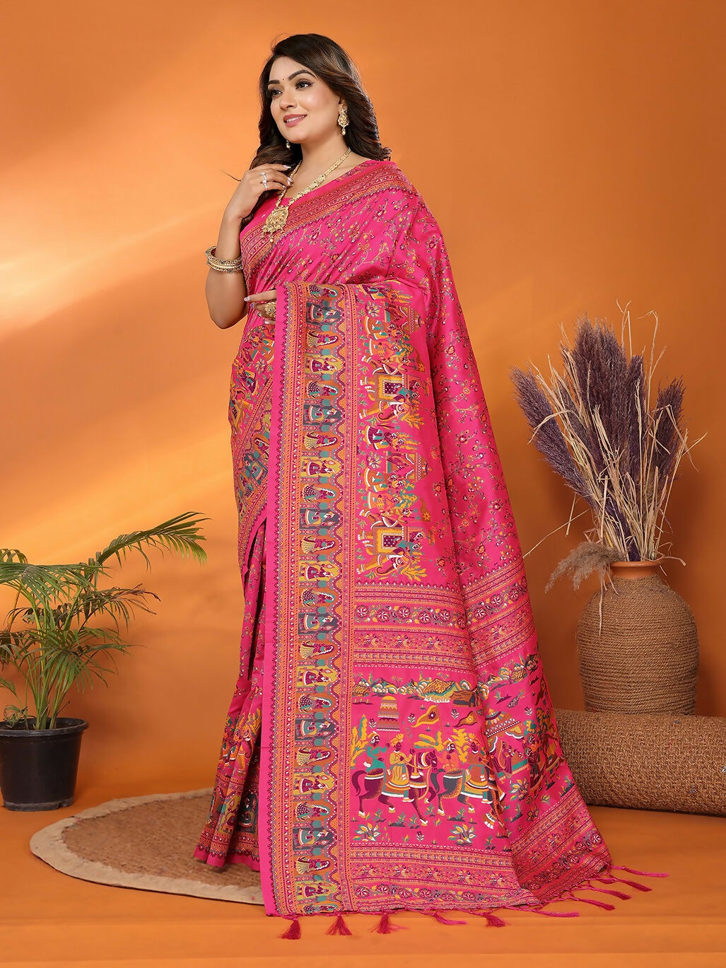 Joban Fashion Pink Meena Weaves Pashmina Sarees | Grocsy