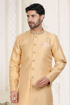 Raivat Ethnic Banarasi Jacquard Embroidery Semi Indo Western Sherwani In Beige Colour | Grocsy
