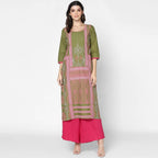 Cheera Hand Block Print Military Color Straight Kurta (MAAI-047K) | Grocsy