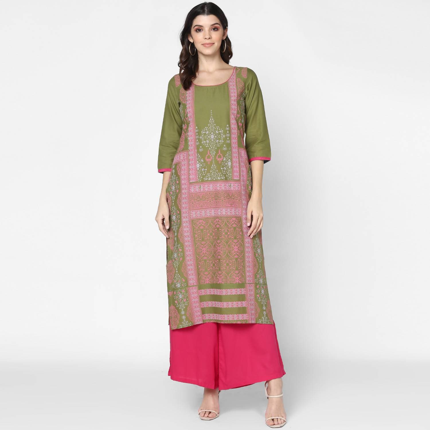 Cheera Hand Block Print Military Color Straight Kurta (MAAI-047K) | Grocsy