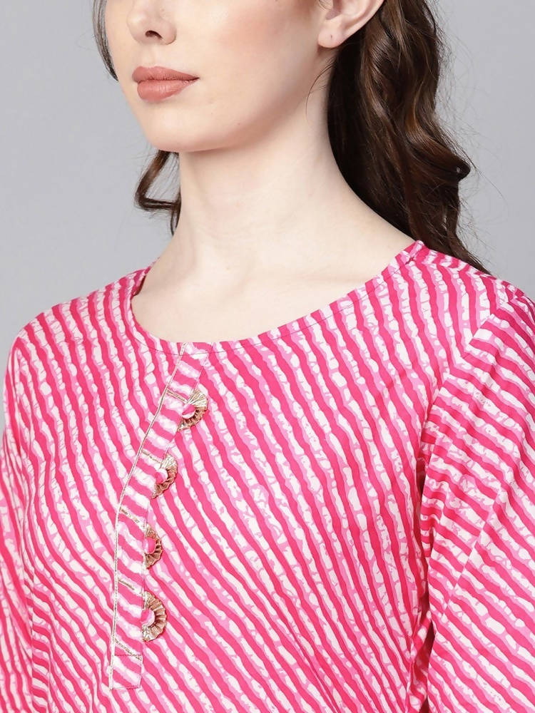 Yufta Women Pink & White Leheriya Print Straight Kurta | Grocsy