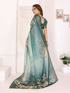 Joban Fashion Teal Floral Print pattern Banarasi Silk Sarees | Grocsy