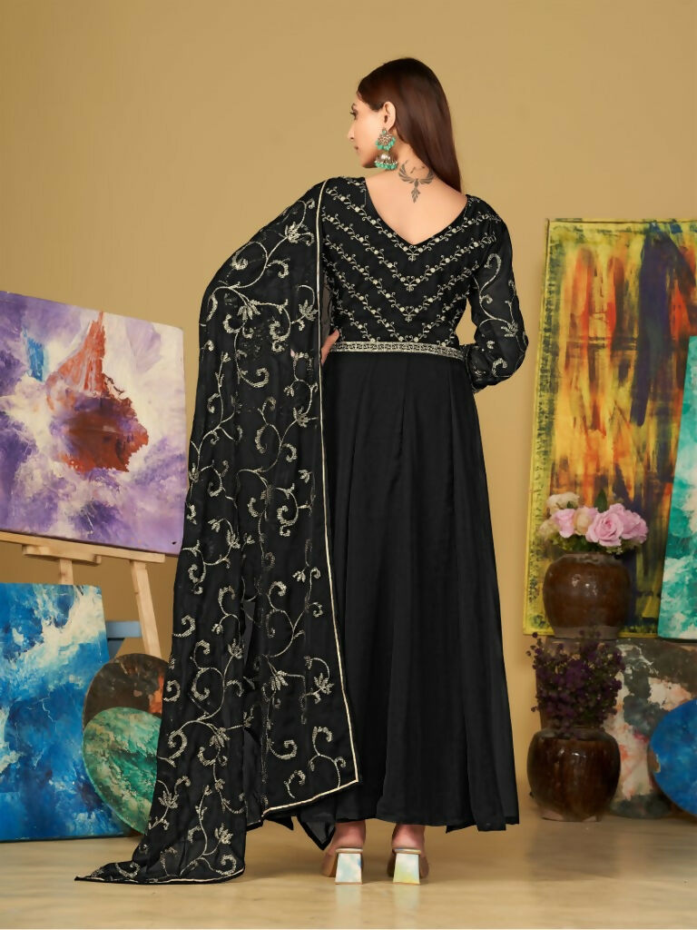 Jyoti Fashion Women's Black Georgette Embroidered Anarkali Kurta Pant Set With Dupatta | Grocsy