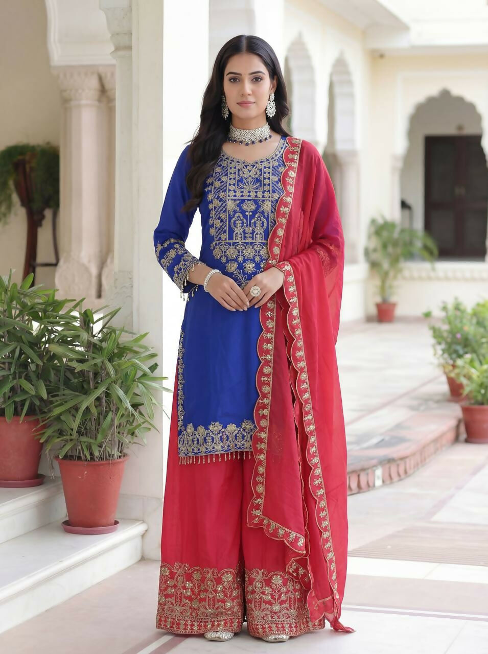 Joban Fashion Blue Silk Embroidered Sharara Set | Grocsy