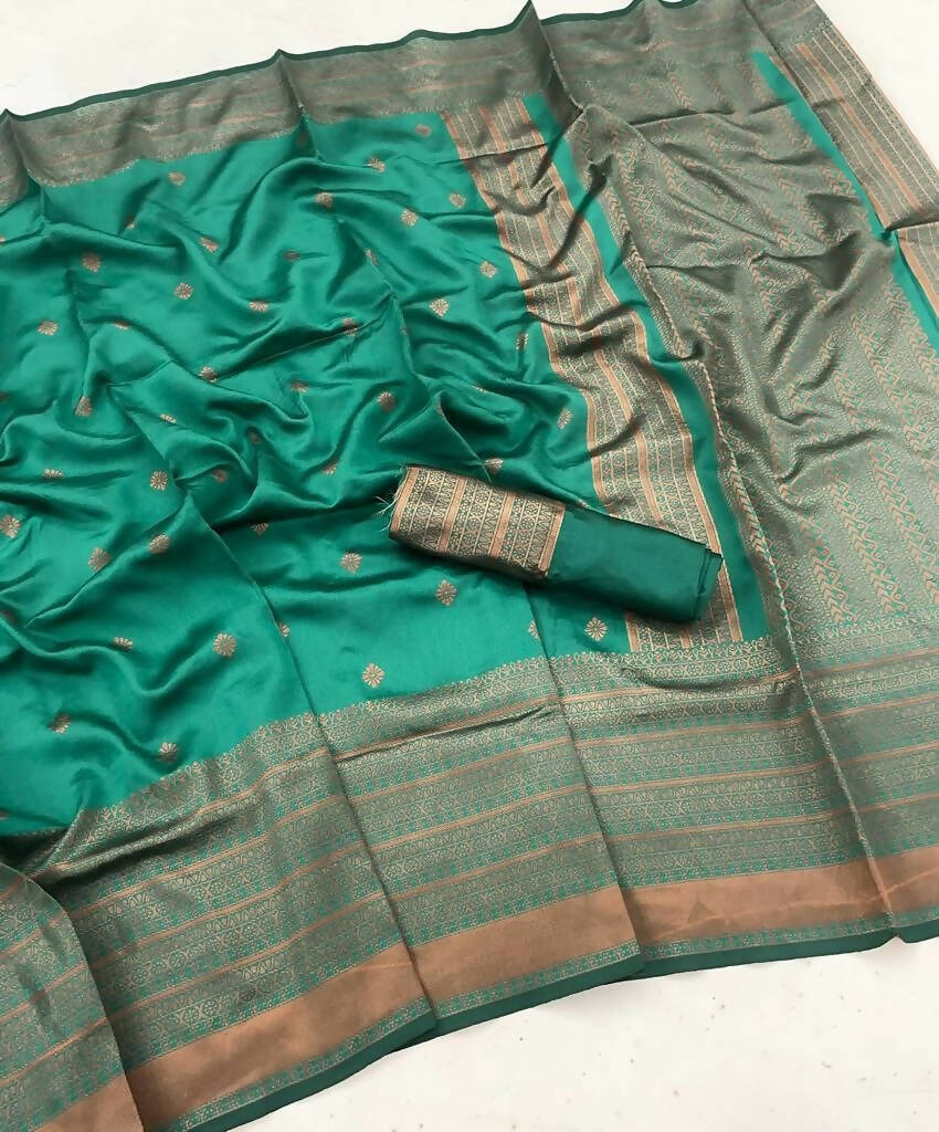 DEIANA'S Beautiful Designer Golden zari Soft Lichi Silk Saree - Rama | Grocsy