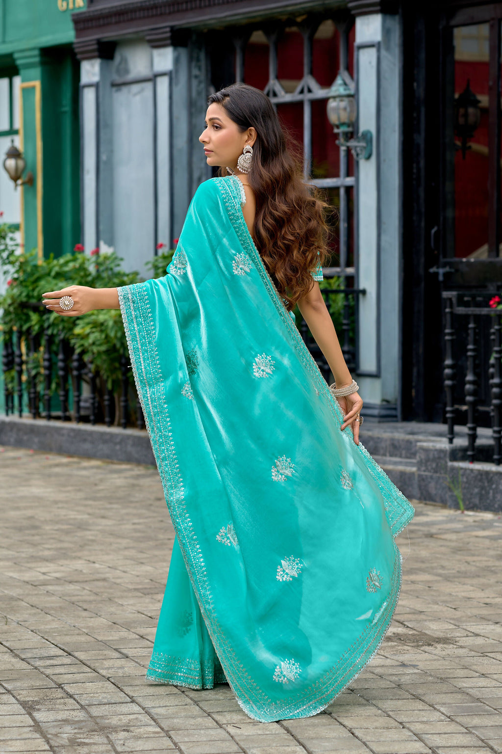 Vastranavya Turquoise Embroidery Work Shimmer Chiffon Saree with Unstitched Blouse | Grocsy