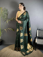 Joban Fashion Bottle Green Motifs Zari Weaving Soft Silk Banarasi Saree | Grocsy