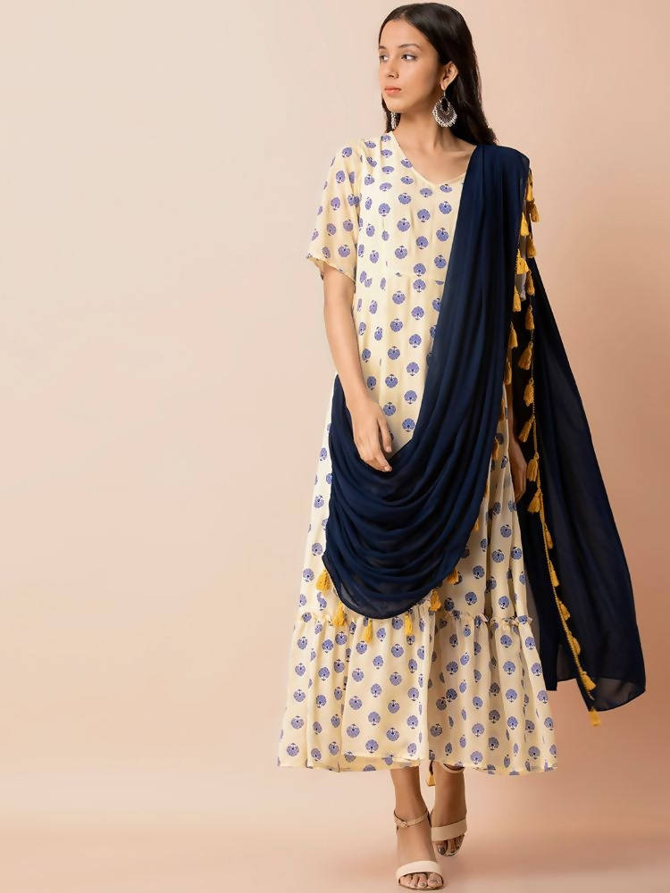 Indya Women White & Navy Blue Printed Maxi Dress With Attached Dupatta | Grocsy