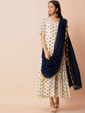 Indya Women White & Navy Blue Printed Maxi Dress With Attached Dupatta | Grocsy