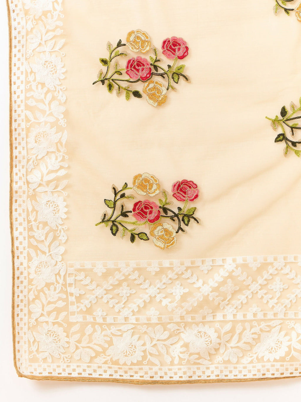 Beige Organza Floral Embroidered Saree with Unstitched Blouse Piece - Roozal | Grocsy