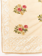 Beige Organza Floral Embroidered Saree with Unstitched Blouse Piece - Roozal | Grocsy
