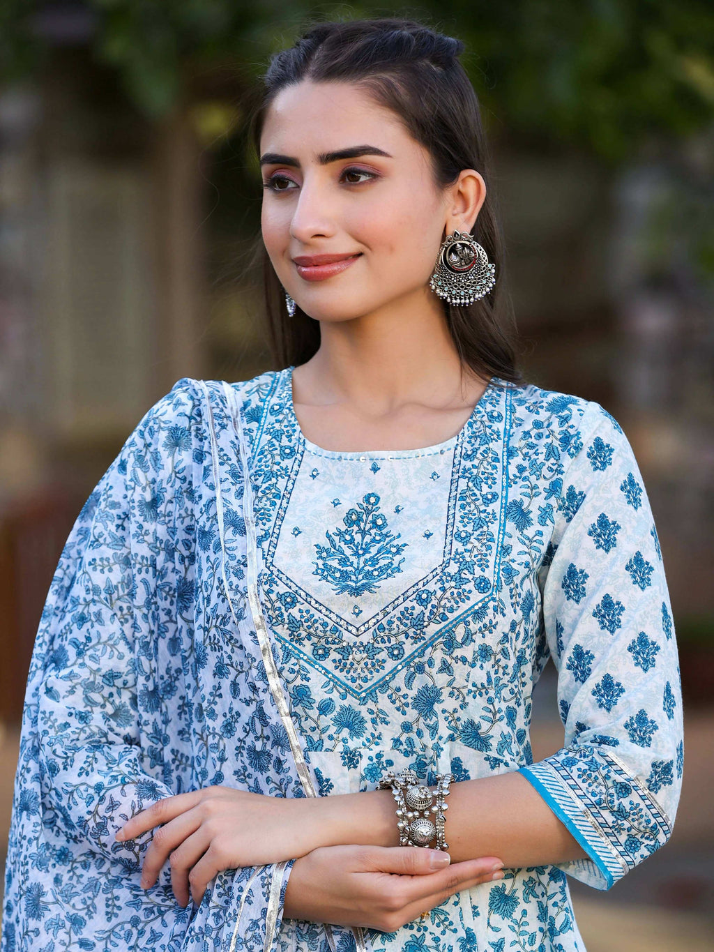 Juniper Women's Blue Cotton Cambric Floral Placement Printed Anarkali Kurta Sharara & Dupatta Set | Grocsy