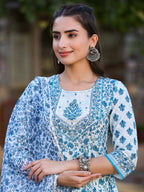 Juniper Women's Blue Cotton Cambric Floral Placement Printed Anarkali Kurta Sharara & Dupatta Set | Grocsy