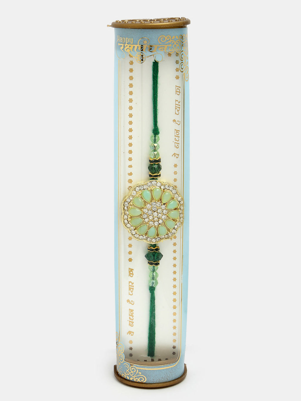 NVR Men Green Stone-Studded Rakhi With Roli Chawal & Chocolate | Grocsy