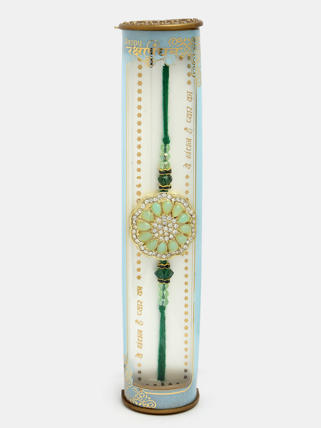 NVR Men Green Stone-Studded Rakhi With Roli Chawal & Chocolate | Grocsy