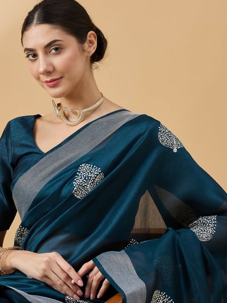 Teal Cotton Blend Thread Embroidered Saree with Unstitched Blouse - Satya | Grocsy