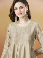 The52 Chiku Women's Beautiful Vichitra Silk Fabric Embroidered Work Flared Anarkali Pant and Dupatta Set | Grocsy