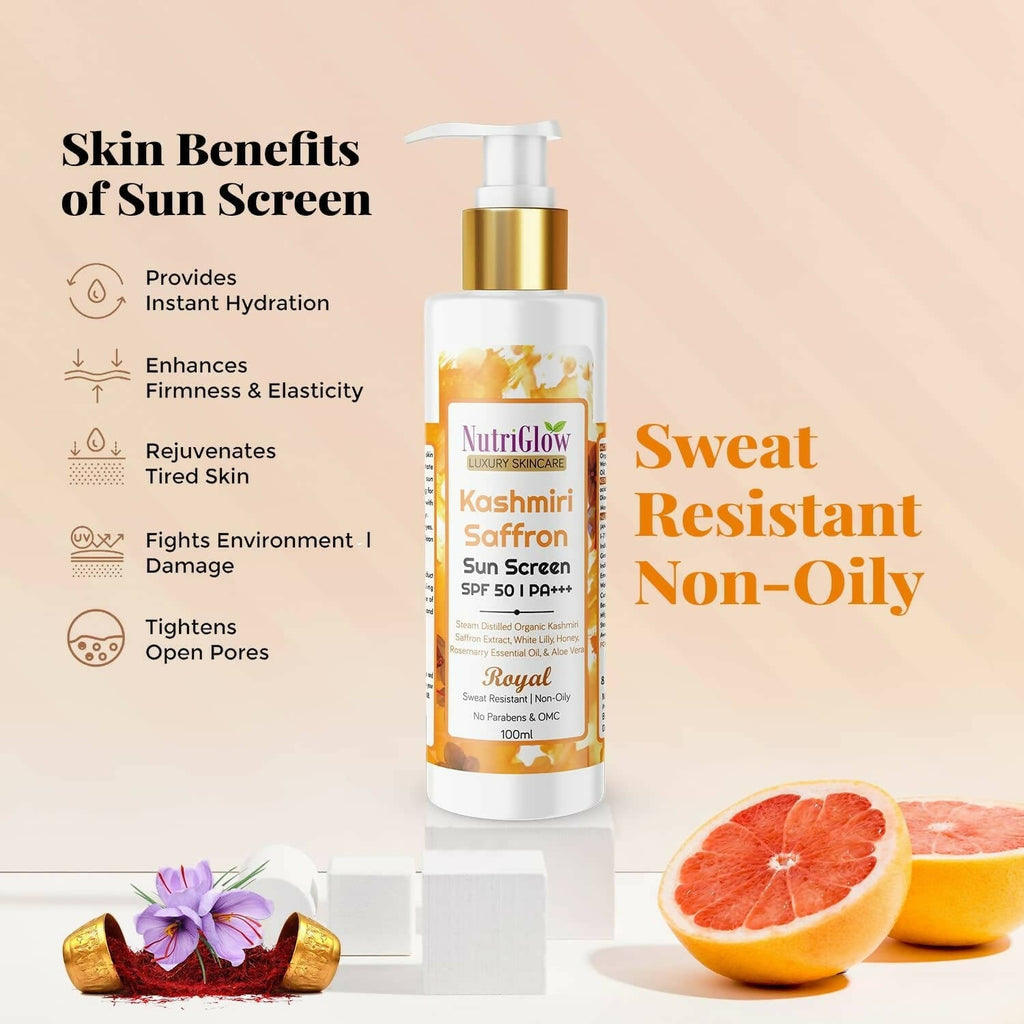 NutriGlow Luxury Skincare Kashmiri Saffron Sunscreen Serum 50 PA+++ | Grocsy
