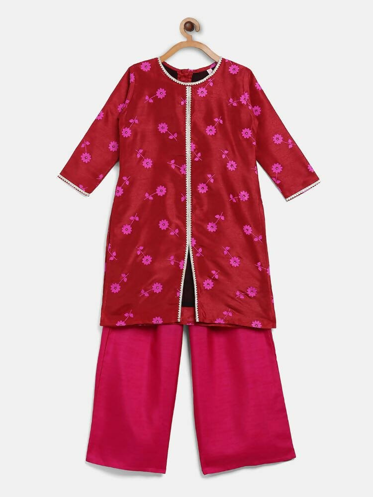 Ahalyaa Red Poly Silk Straight Printed Kids Kurta Palazzo Set For Girls | Grocsy