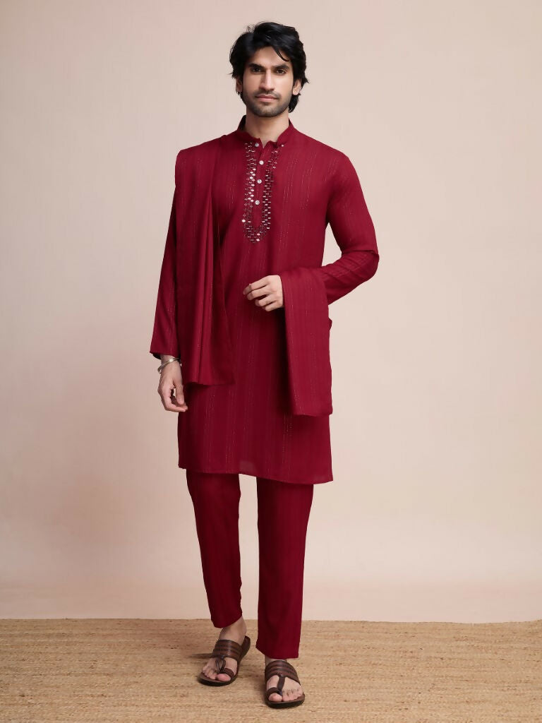 Vastranavya Traditional Festival Wear Viscose Thread & Sequence Embroidered Work Kurta Pant Set - Maroon | Grocsy