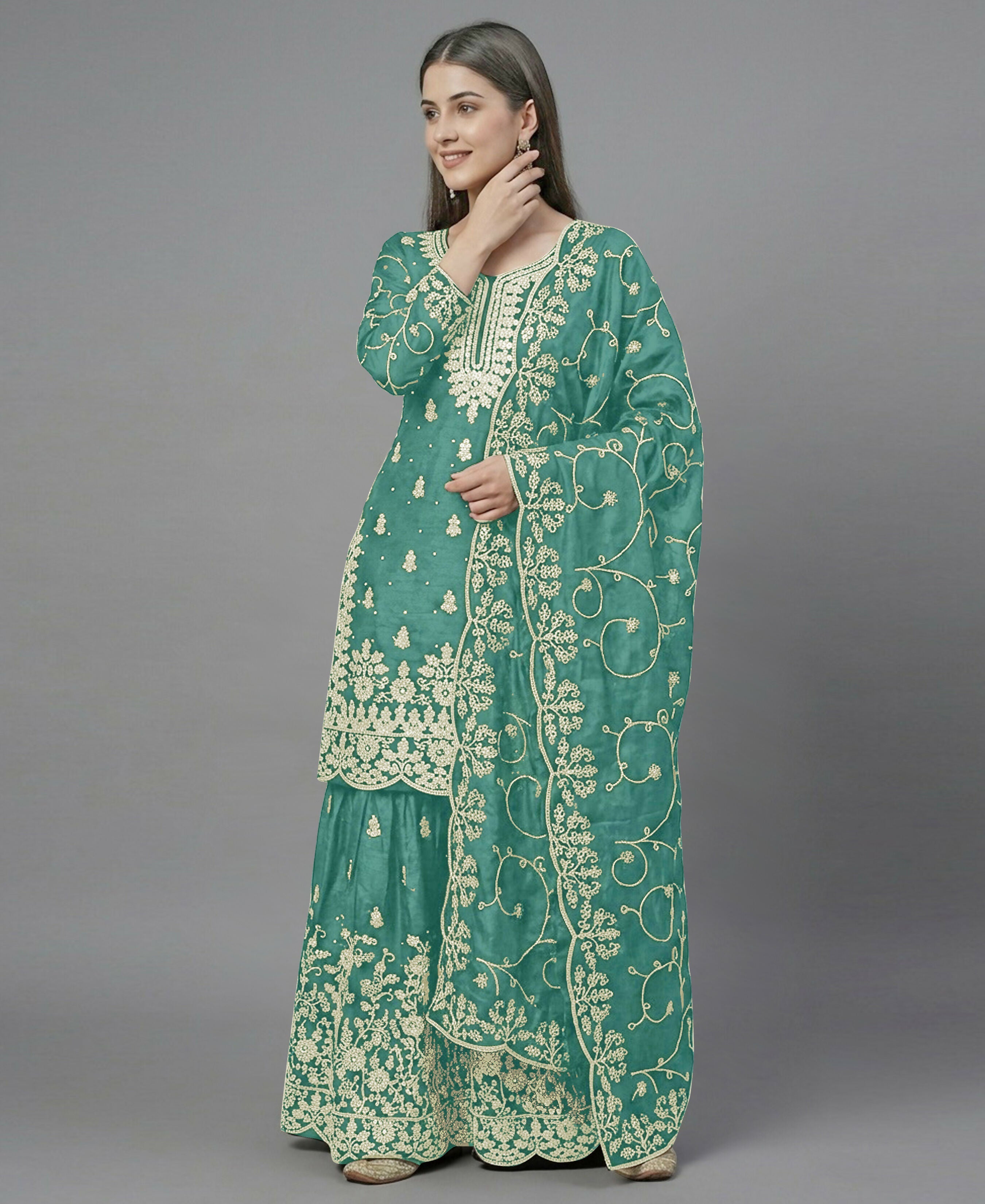 Teeya Creation Womens New Trendy Pure Gmy Silk With Heavy Embroidery Sequence Work Light-Green Kurta Set | Grocsy