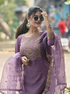 Vellora Light Lavender Silk Blend Embroidered Salwar Suit Set | Grocsy