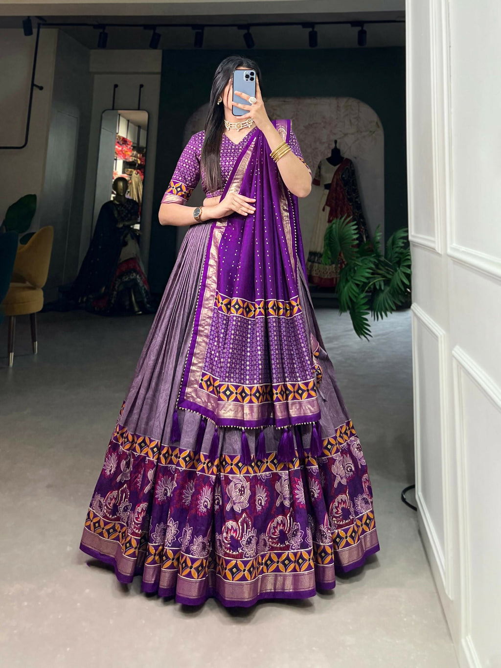 Vastranavya Floral Print With Foil Print Tussar Silk Lehenga with Unstitched Blouse - Purple | Grocsy