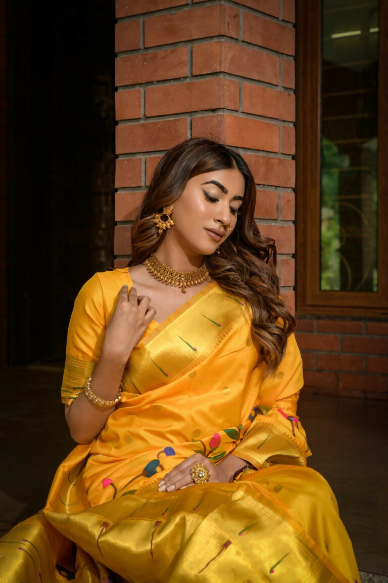 Jyoti Fashion Women's Yellow Paithani Silk Zari Woven Saree with Blouse | Grocsy