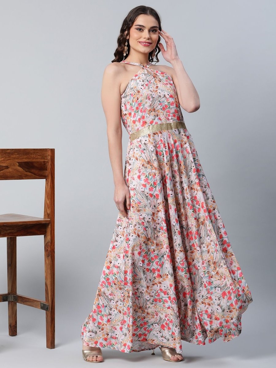 Ahalyaa Women Crepe Printed Classic White Romantic Florals Dress | Grocsy