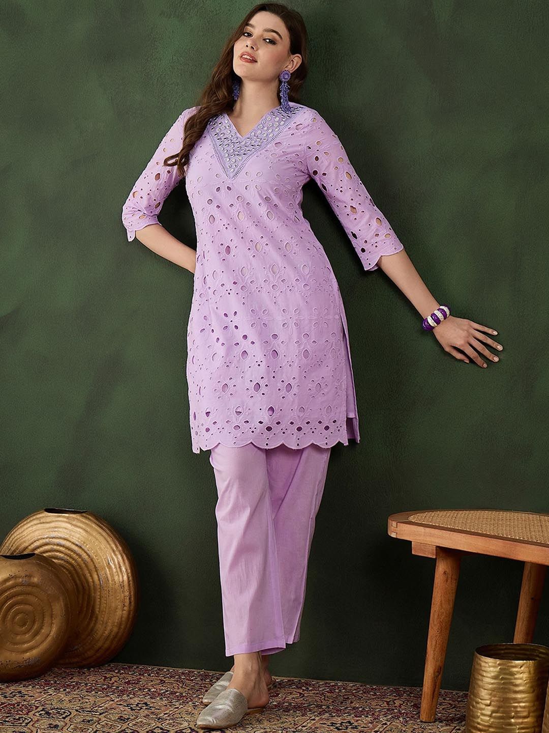 Sangria Embroidered Pure Cotton Kurta & Trousers | Grocsy