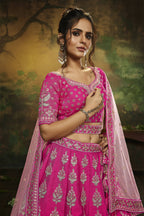House of Panchhi Pink Pure Silk Moti & Zarkan heavy embroidery Lehenga choli & Dupatta | Grocsy