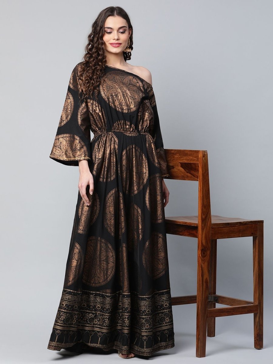 Ahalyaa Womens Black Crepe Copper Foil Printed Maxi Dress | Grocsy