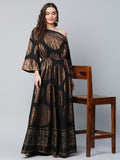Ahalyaa Womens Black Crepe Copper Foil Printed Maxi Dress | Grocsy