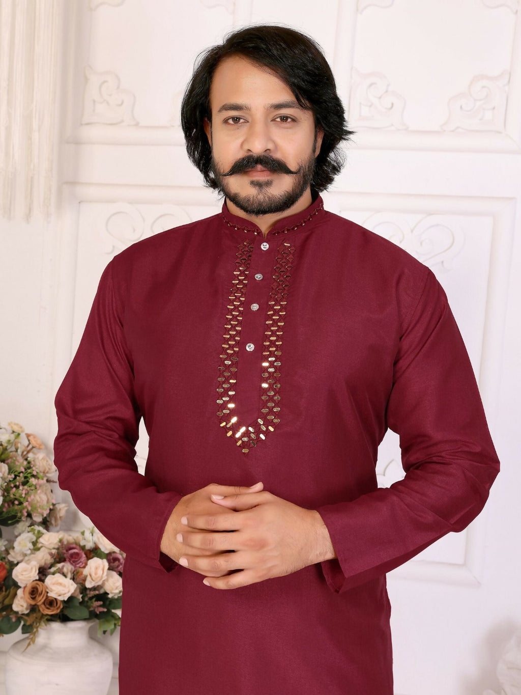 Anaita Maroon Silk Straight Kurta With Neck Mirror Work | Grocsy