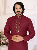 Anaita Maroon Silk Straight Kurta With Neck Mirror Work | Grocsy