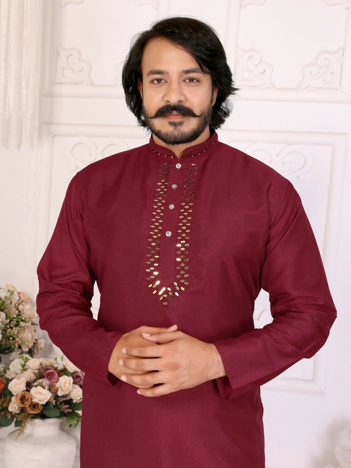 Anaita Maroon Silk Straight Kurta With Neck Mirror Work | Grocsy