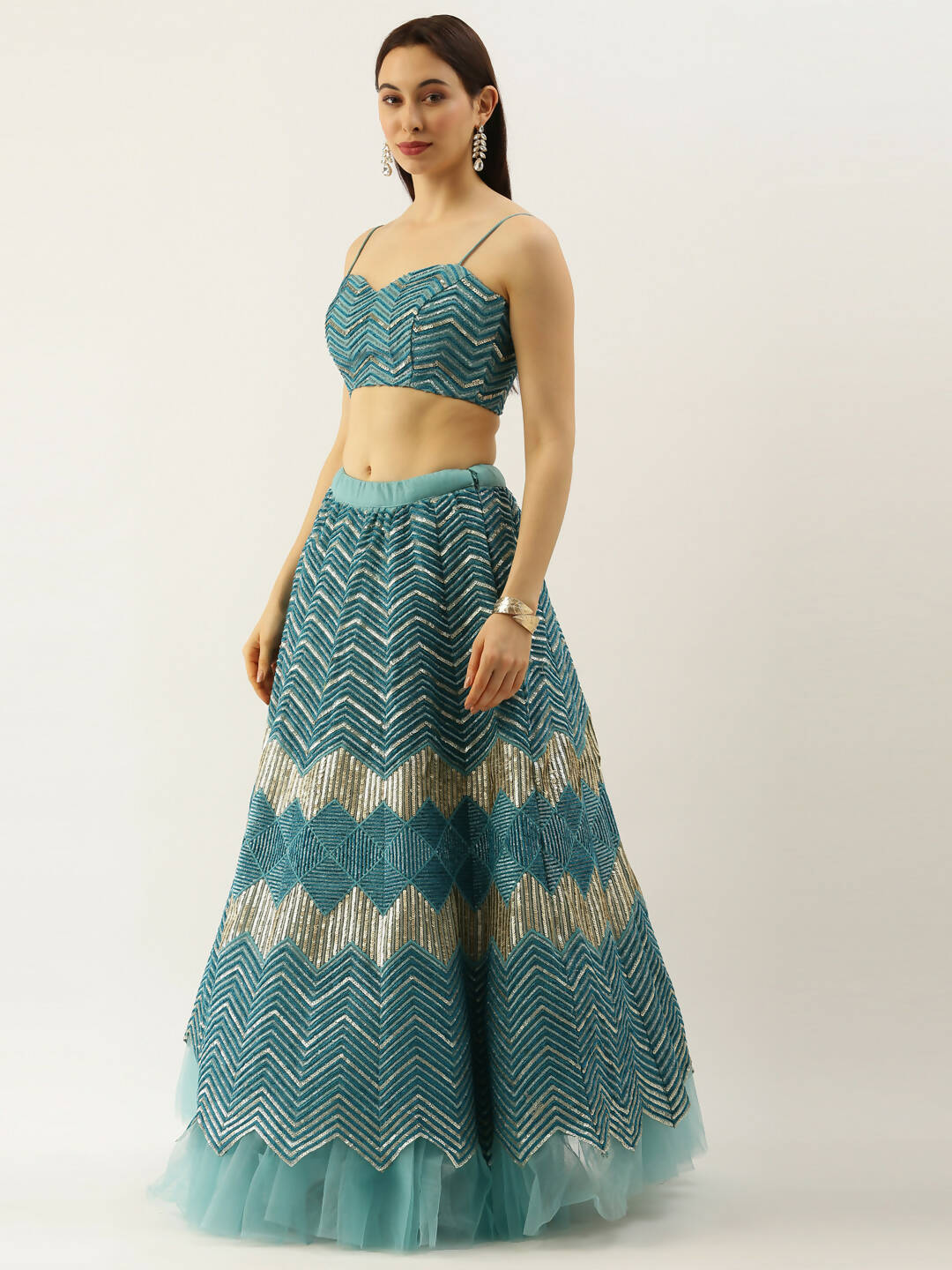 House of Panchhi Women Sea Green Net Zig-Zag Embroideried Lehenga, Blouse & Dupatta | Grocsy