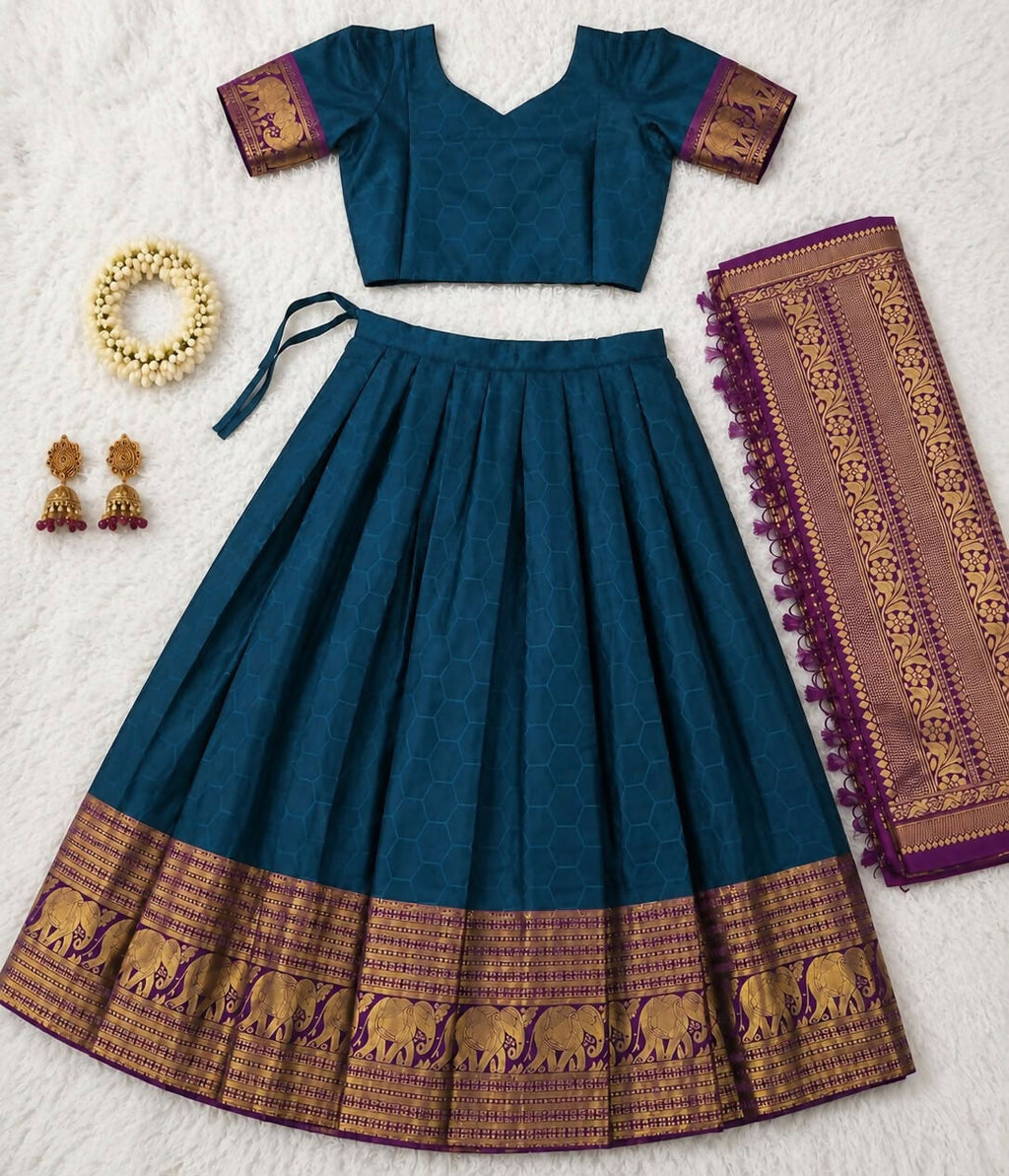 Teeya Creation Royal Blue Traditional Lehenga Choli Set Featuring Intricate Purple and Gold Zari Detailing | Grocsy