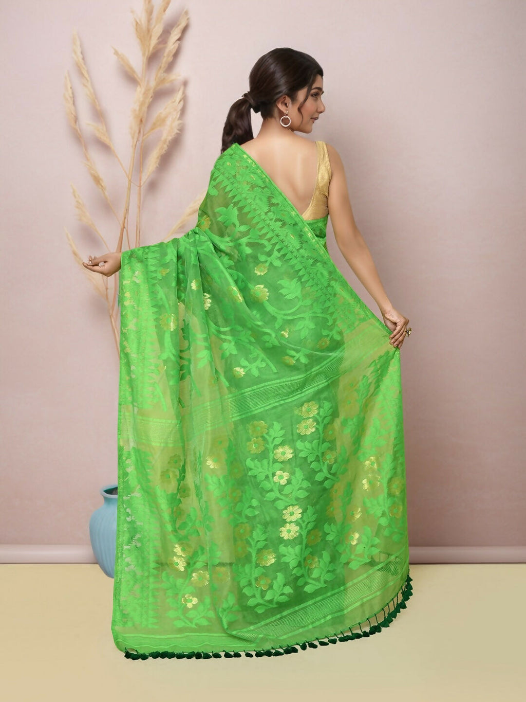 Joban Fashion Green Cotton Blend Jamdani Saree | Grocsy