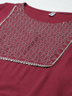 Yufta Women Burgundy Yoke Design Regular Sequinned Kurta with Palazzos & With Dupatta | Grocsy