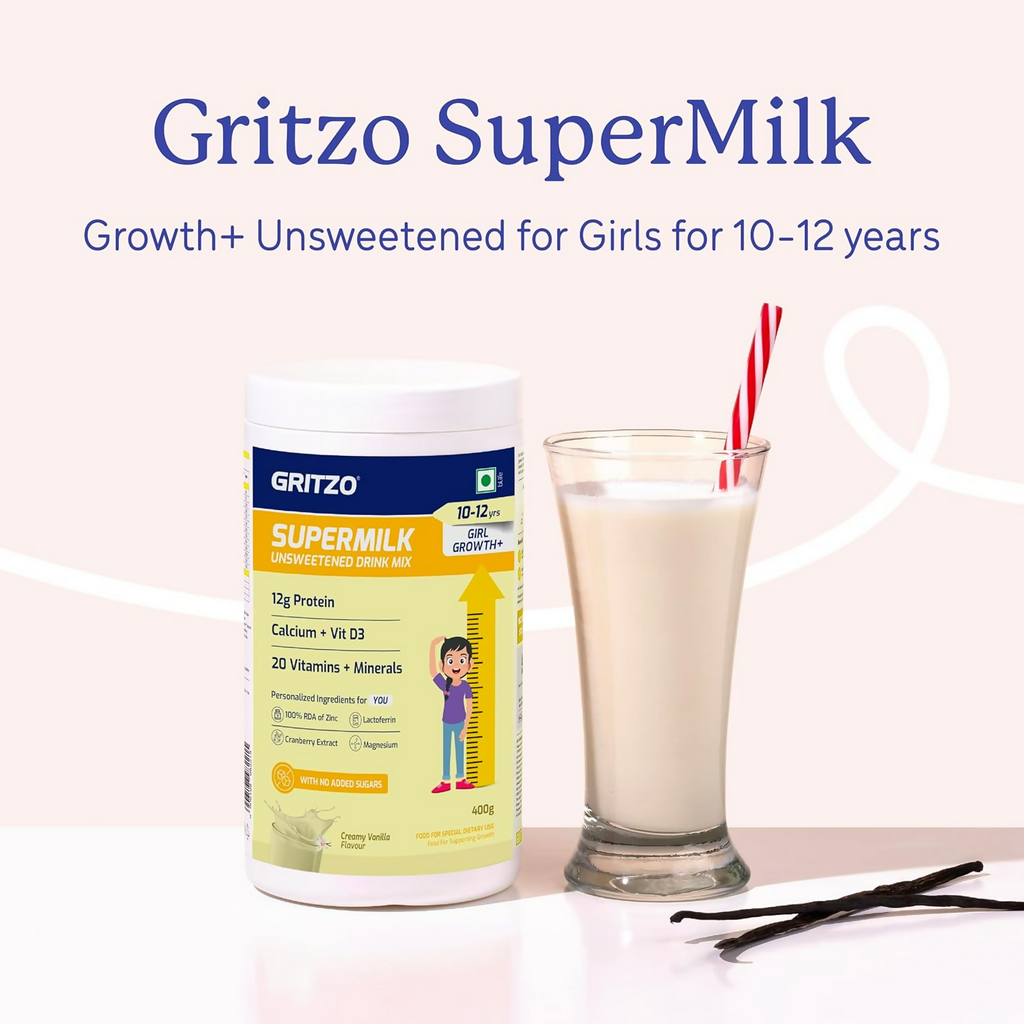 Gritzo SuperMilk Growth+ (Formerly Height+) Unsweetened Drink Mix (10-12y Girls), 12g Protein Powder Creamy Vanilla | Grocsy