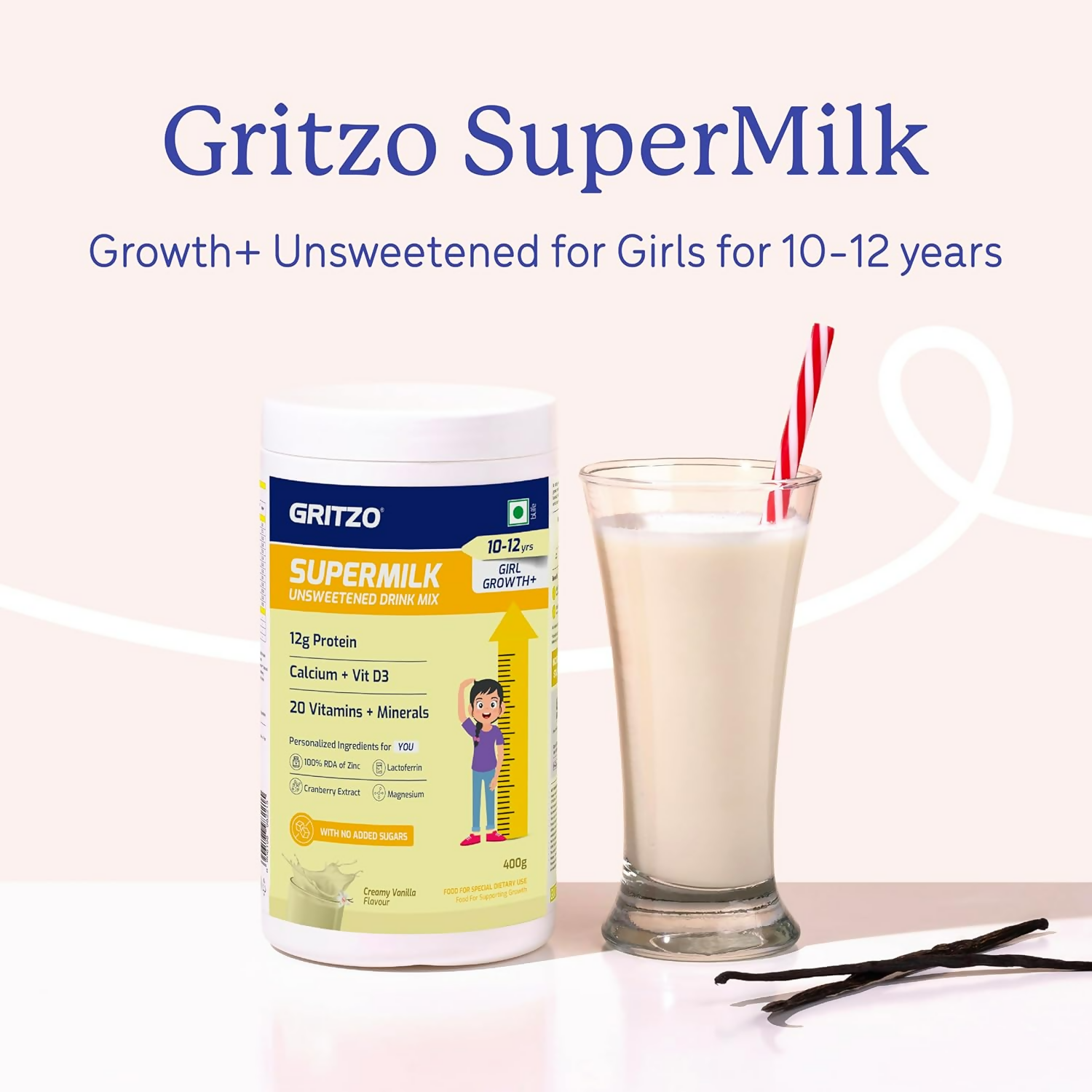 Gritzo SuperMilk Growth+ (Formerly Height+) Unsweetened Drink Mix (10-12y Girls), 12g Protein Powder Creamy Vanilla | Grocsy