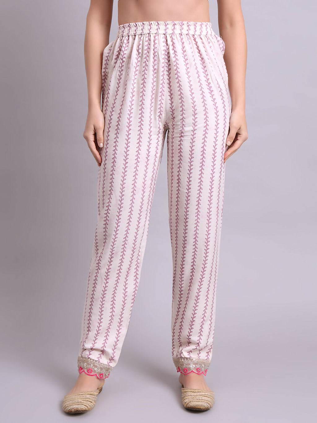 Joban Fashion Off White Cotton Floral Printed & Embroidery Work Kurta With Trousers & Dupatta Set | Grocsy
