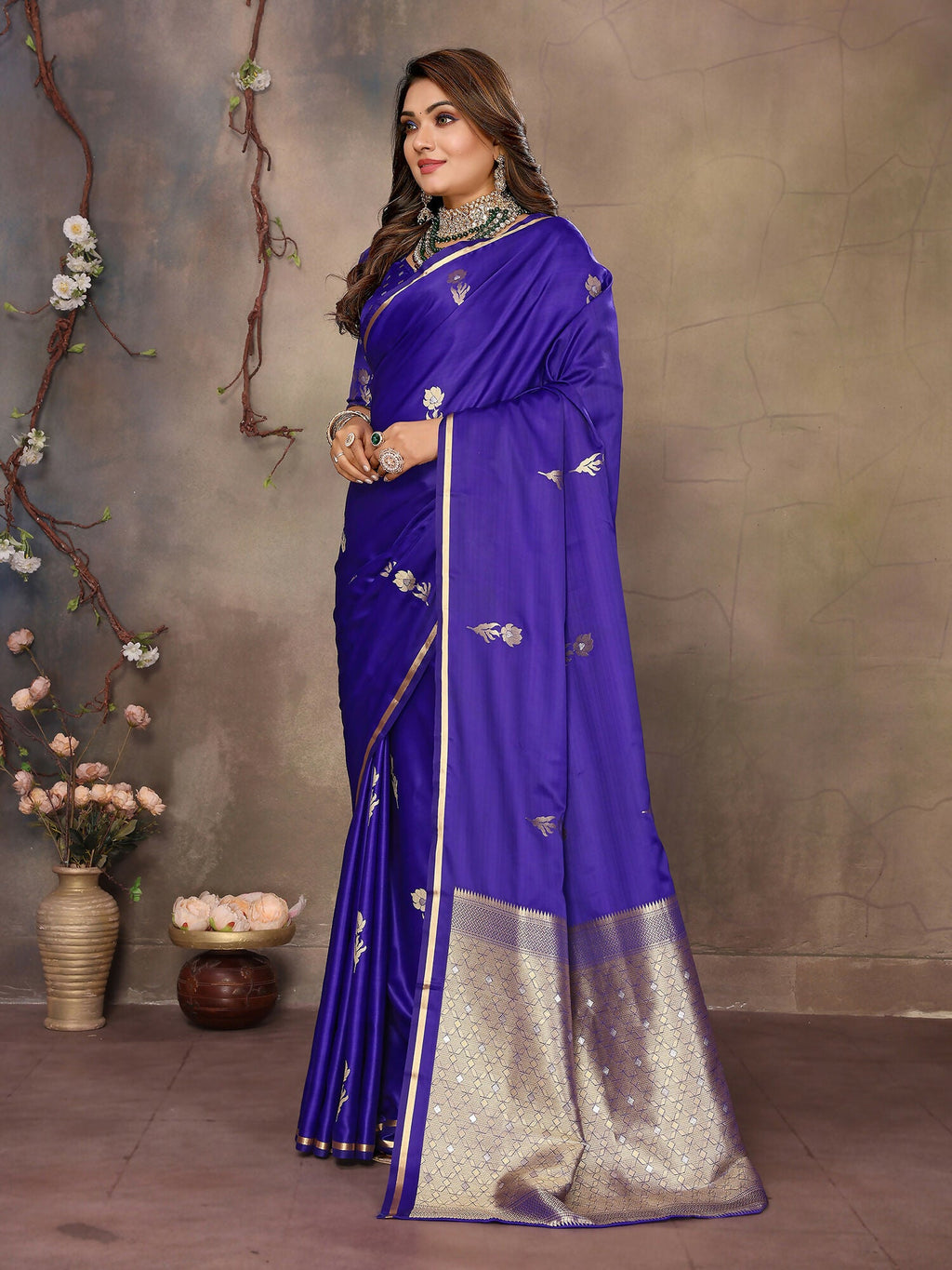 Joban Fashion Indigo Blue Floral & Botanical Motifs Satin Silk Banarasi Silk Saree | Grocsy