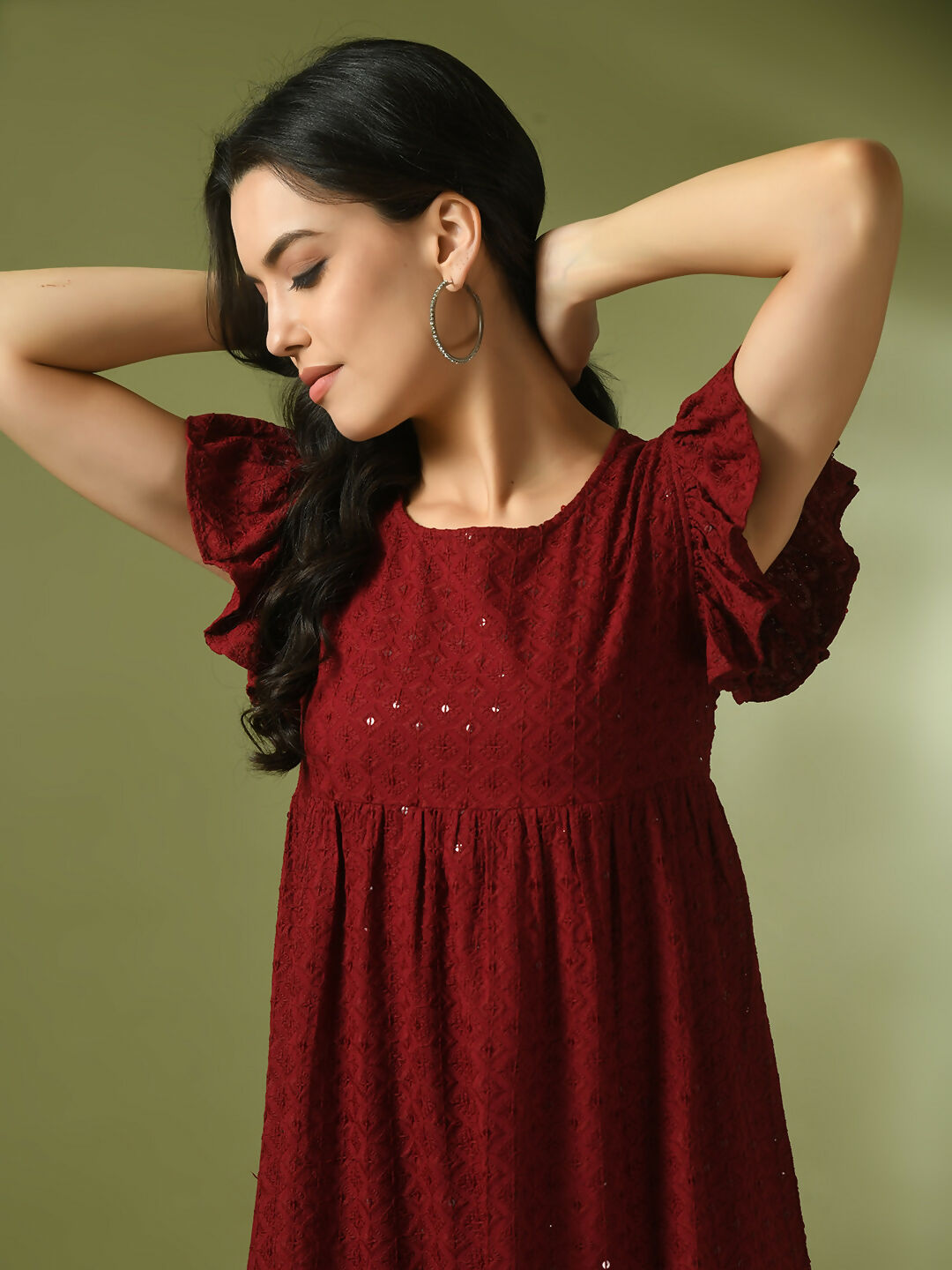 Myshka Women's Maroon Embroidered Cotton Round Neck A-Line Party Dress | Grocsy