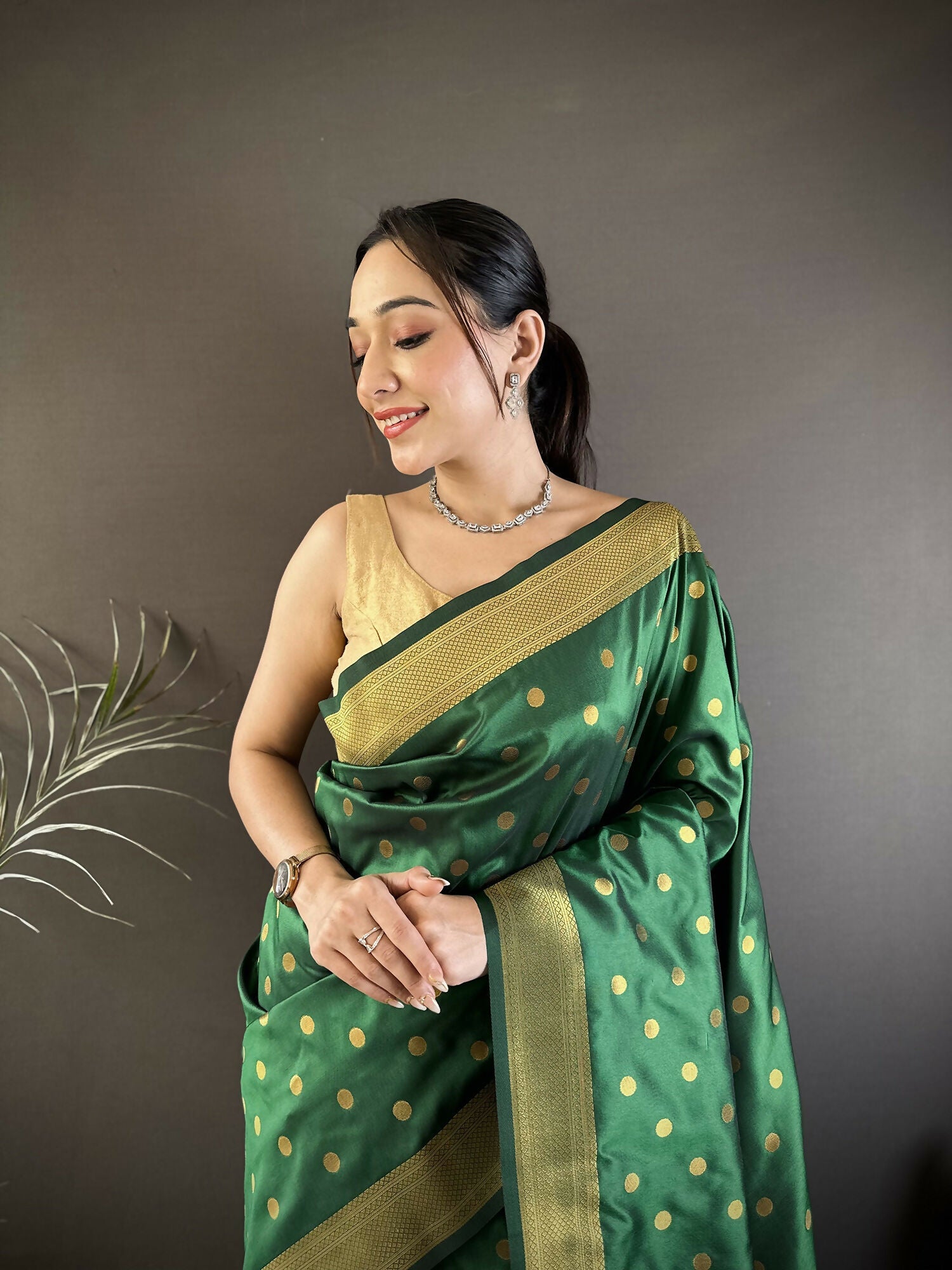 Joban Fashion Green Polka Dot Lichi Silk Paithani Silk Saree | Grocsy