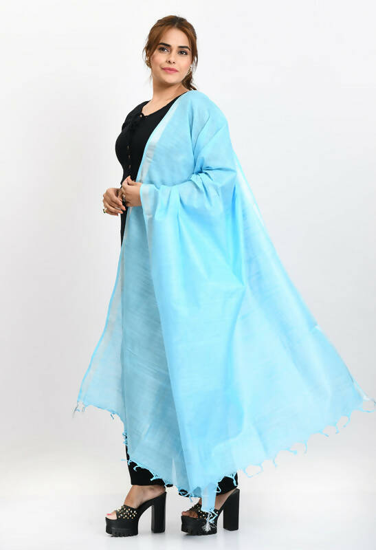 Mominos Fashion Moeza Women's Linen Cotton Silver Border Sky Blue Dupatta | Grocsy