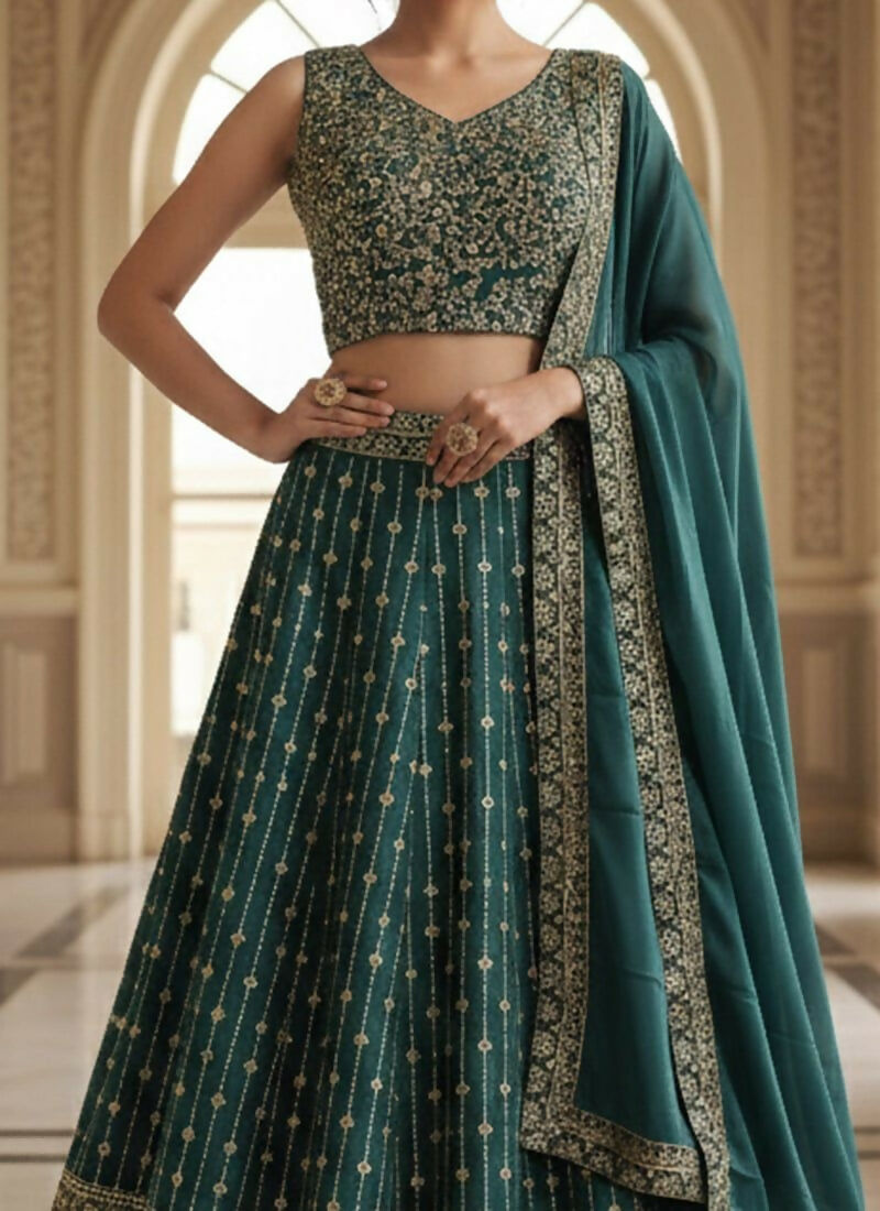 Lehenga Mart Teal Green Star Faux Georgette Designer Bollywood Style Wedding Wear Lehenga Choli | Grocsy
