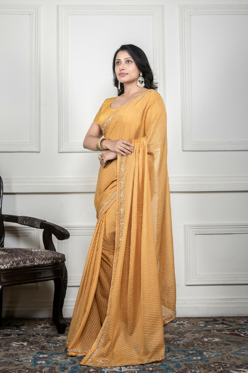 Morchari Yellow Pure Chiffon Hand Embroidery Saree And Stitched Blouse | Grocsy